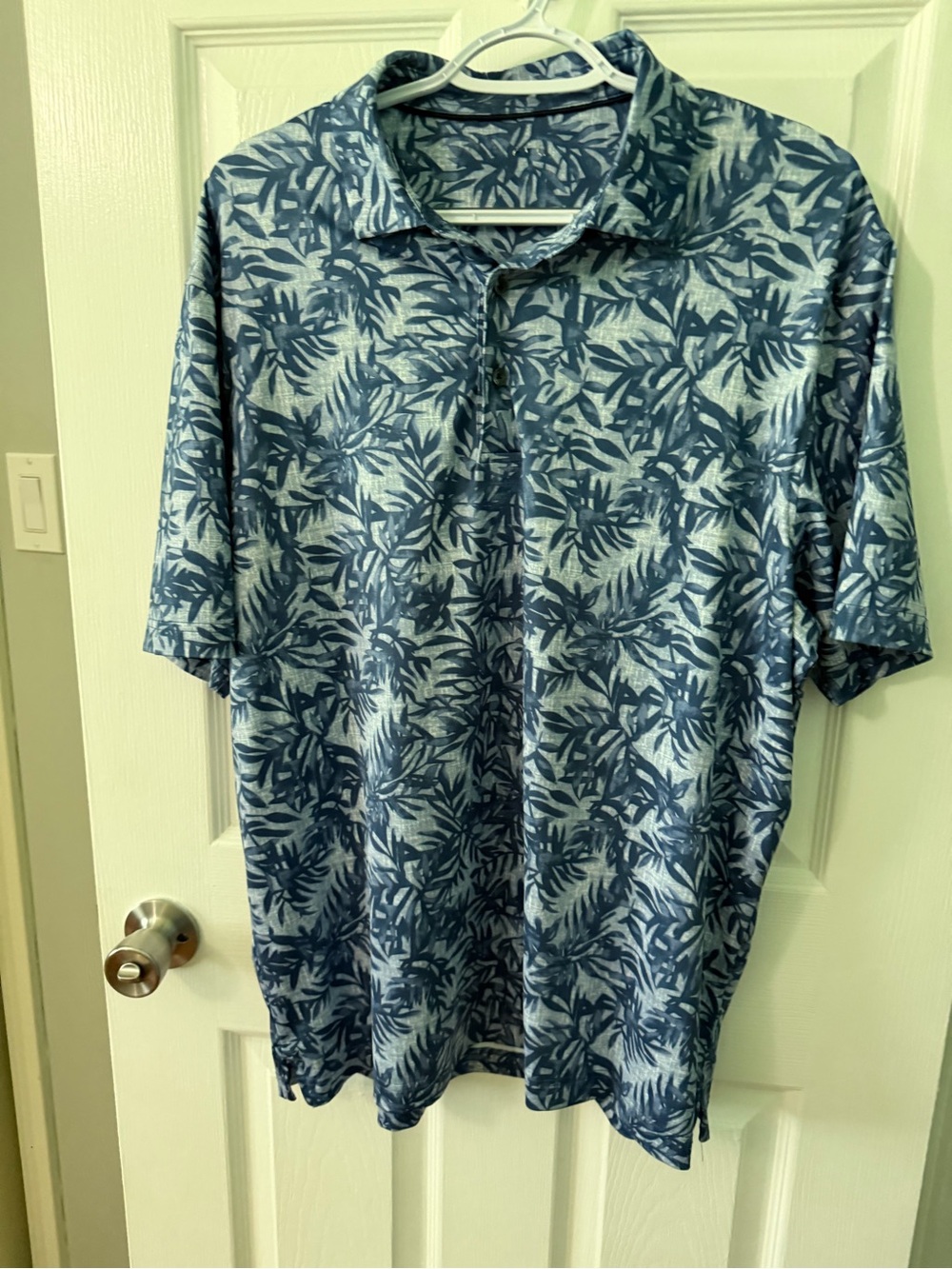 Men's Tropical Leaf Print Polo Shirt - Blue